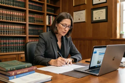 Juriste professionnelle consultant un site de référence en droit de l'histoire du droit français dans un bureau académique