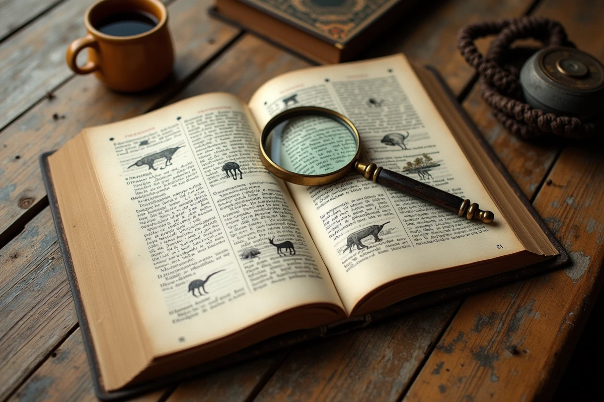 Encyclopédie illustrée ouverte sur la définition des korrigans avec annotations manuscrites en français et loupe vintage