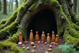 Formation de pierres anciennes en forêt bretonne avec figurines folkloriques évoquant les korrigans de la mythologie celtique