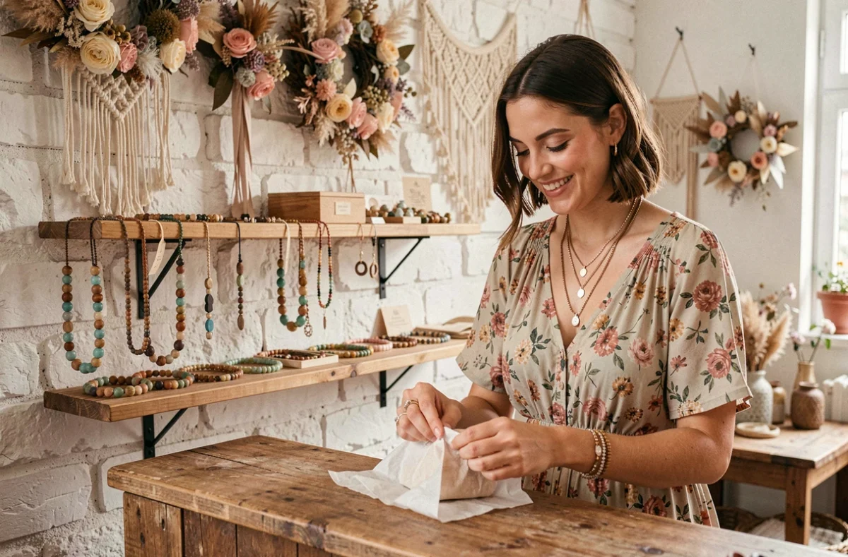 Boutique bohème La P'tite Bohème à Arras avec décor en pierre blanchie, bijoux créatifs faits main et propriétaire souriante emballant une commande