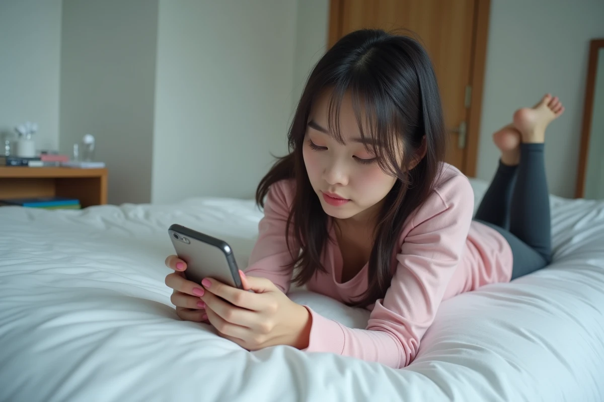 Jeune femme lisant discrètement un manga yaoi sur son smartphone allongée sur son lit
