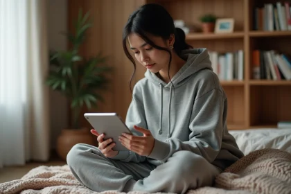 Jeune femme lisant des mangas yaoi discrètement sur une tablette dans sa chambre