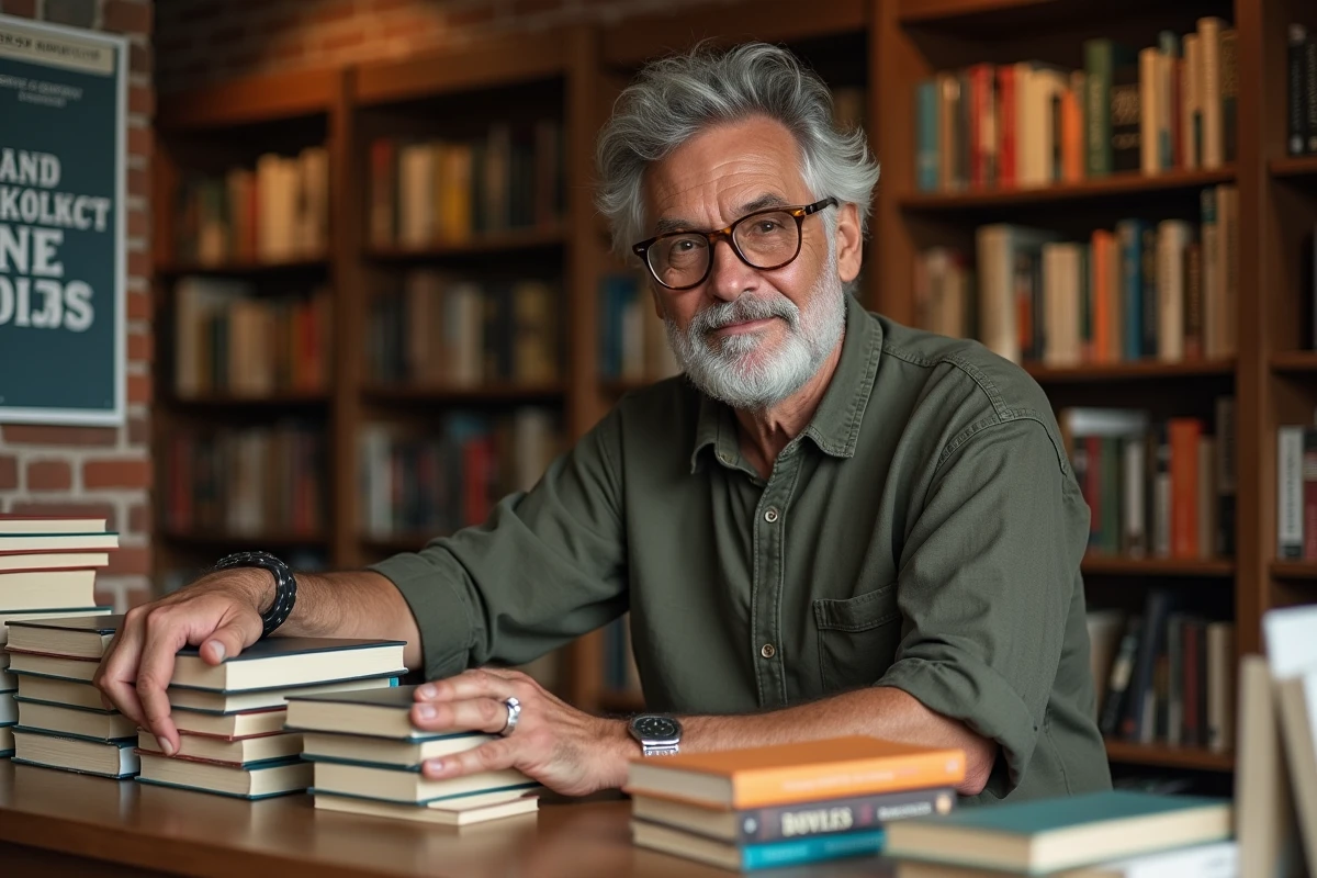 Libraire arrangeant une pile de livres best-sellers dans une librairie indépendante avec des murs en briques apparentes
