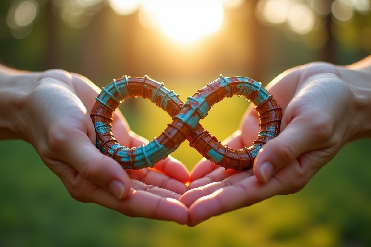 Mains tenant un symbole infini en métal et plastique recyclé en extérieur