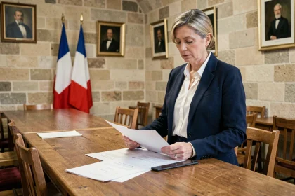 Maire adjointe en blazer marine consultant des documents officiels dans une salle du conseil municipal français
