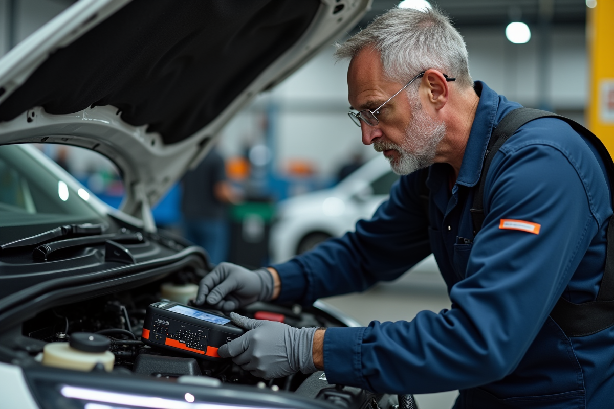 Mécanicien en overalls inspectant un moteur Renault