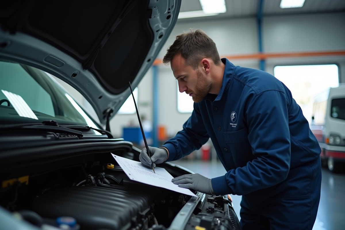 Mecanicien inspectant le moteur d’un van en atelier