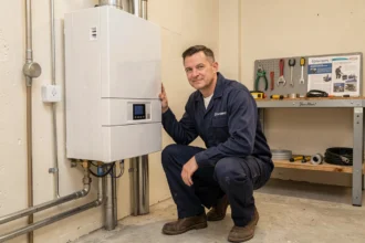 Chauffagiste professionnel en Vendée inspectant une chaudière murale dans une salle technique résidentielle