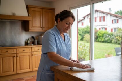 Femme de ménage professionnelle nettoyant un plan de travail en bois dans une cuisine moderne à Bayonne