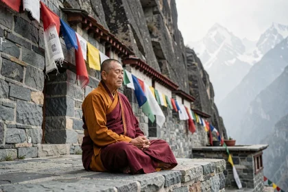 Moine bouddhiste tibétain en méditation devant un monastère himalayen avec drapeaux de prières, symbolisant Shamballa et la sagesse ancestrale
