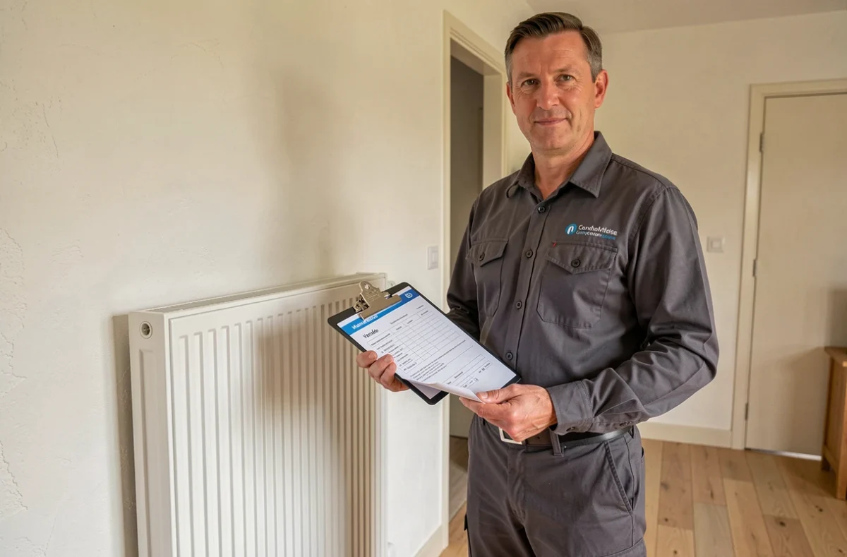 Technicien qualifié Moreau Chauffage Services présentant son rapport d'entretien dans un salon vendéen