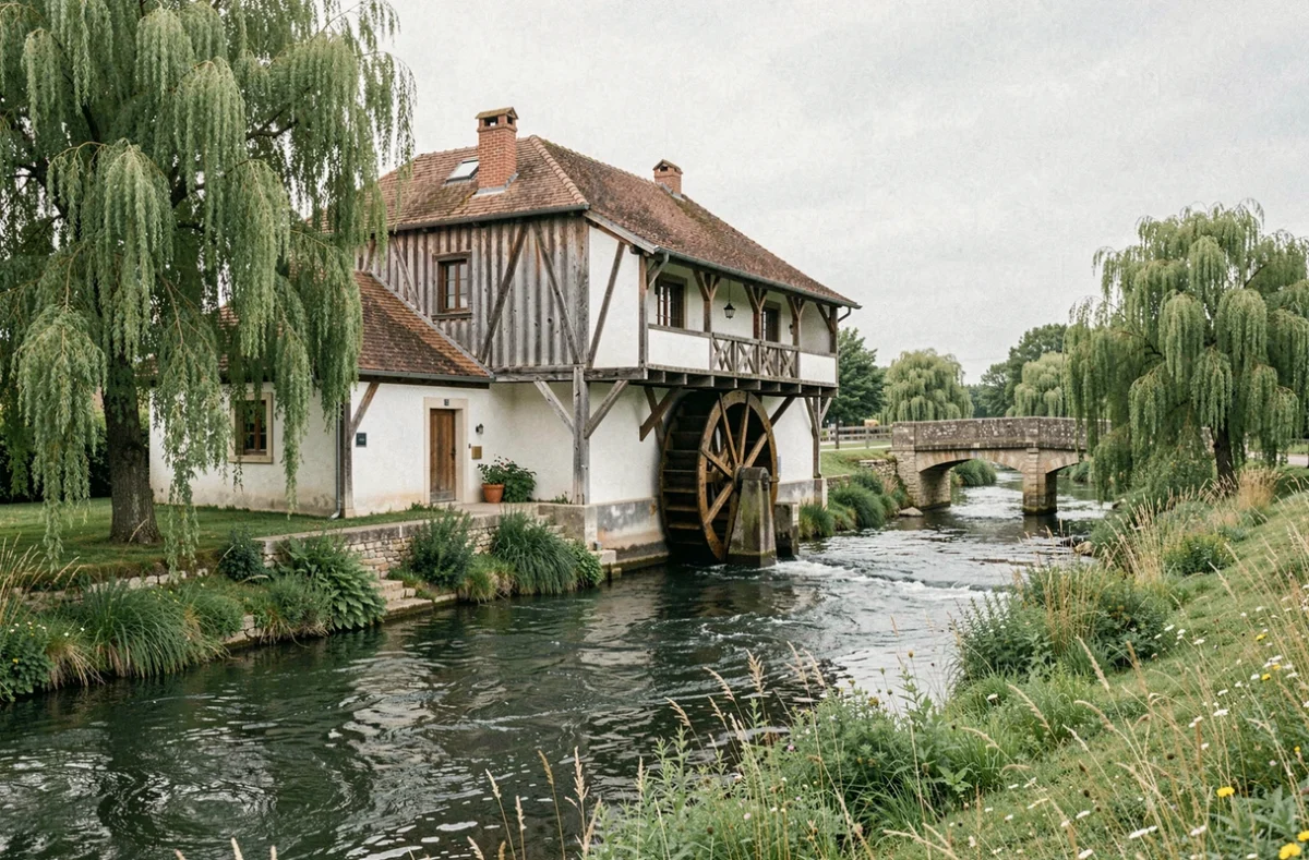 Moulin de Moulignon en Seine-et-Marne, moulin à eau pittoresque aménagé en salle de réception au bord d'un ruisseau