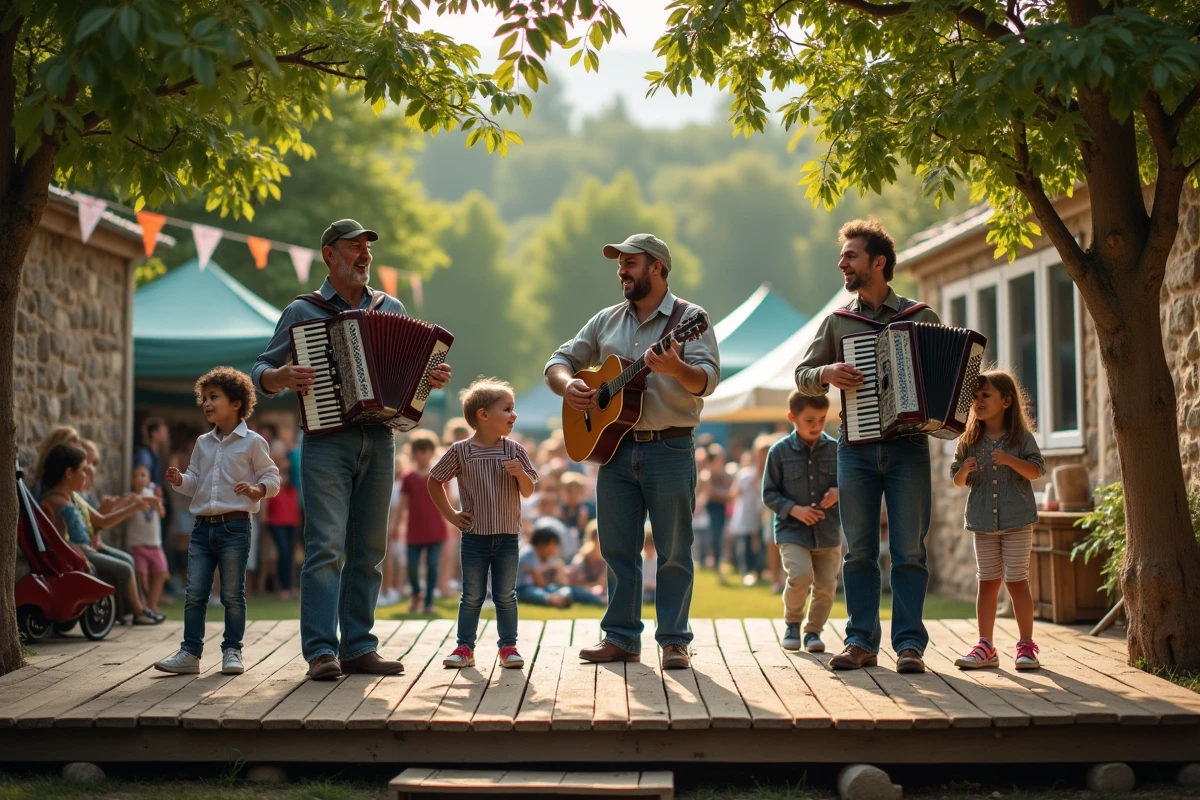 Musiciens jouant lors du festival dans un parc villageois