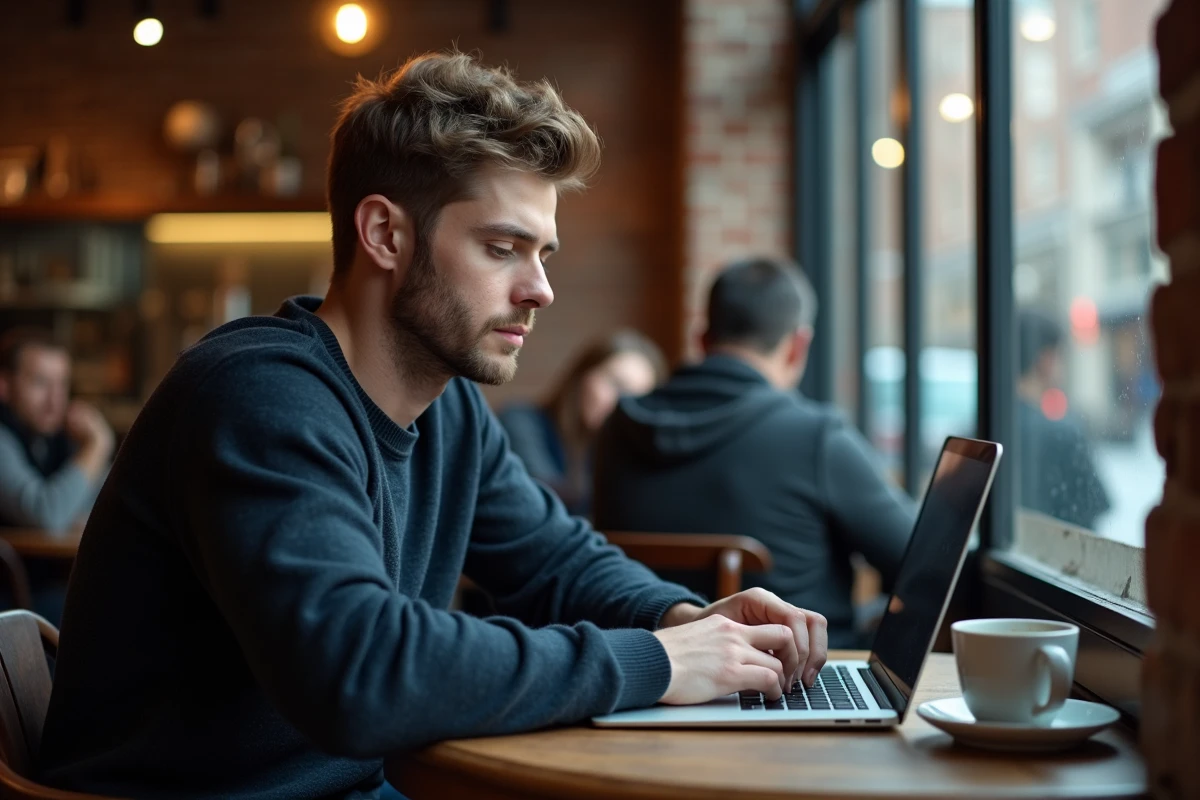 Homme lisant des mangas yaoi en mode navigation privée sur un ordinateur portable dans un café