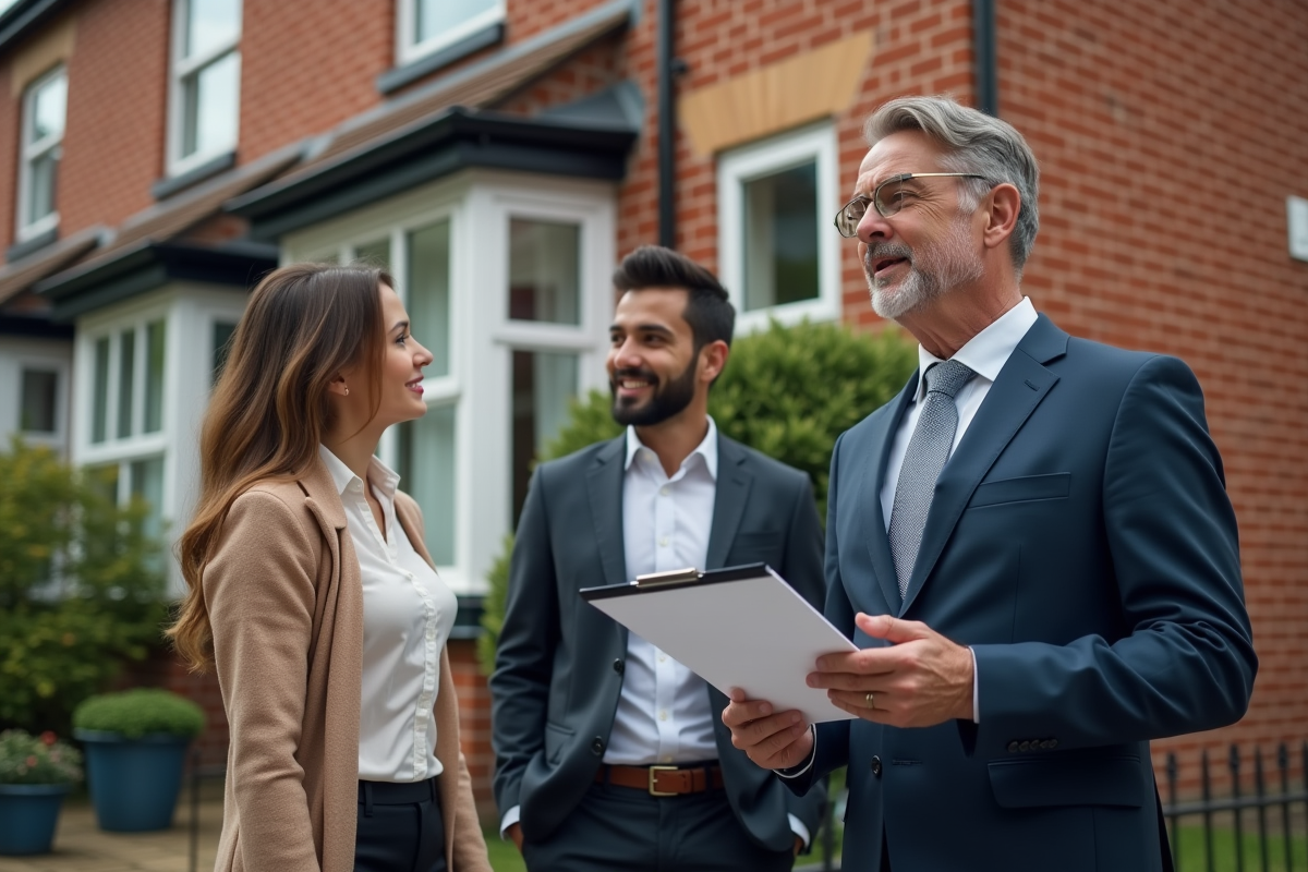 Notaire expliquant des documents à un couple devant une maison