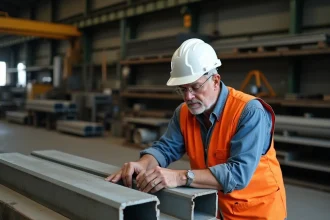 Ouvrier en bâtiment inspectant un profilé en U acier dans un entrepôt industriel
