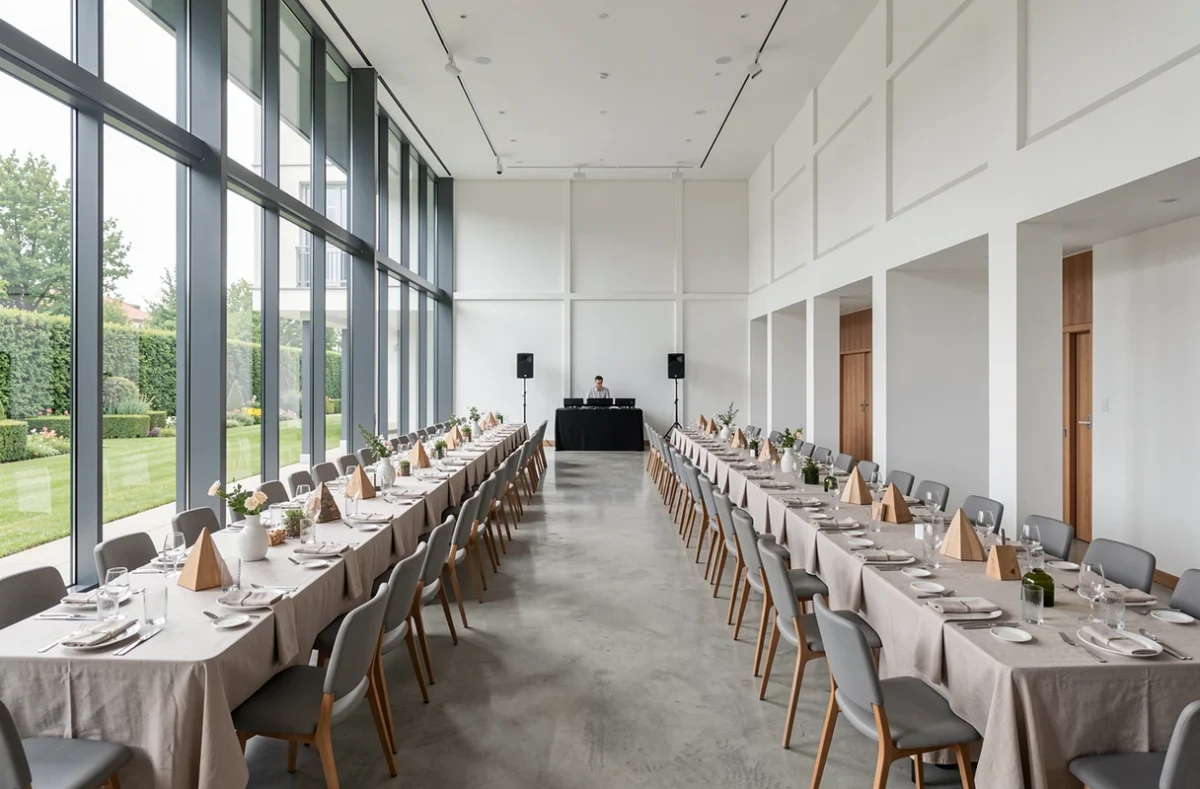 Palais 77, salle de réception contemporaine avec baies vitrées et décoration minimaliste en Seine-et-Marne