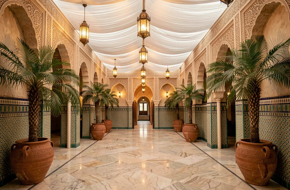 Le Palmier d'Or, salle de réception de style oriental avec arcades sculptées et décoration marocaine en Seine-et-Marne