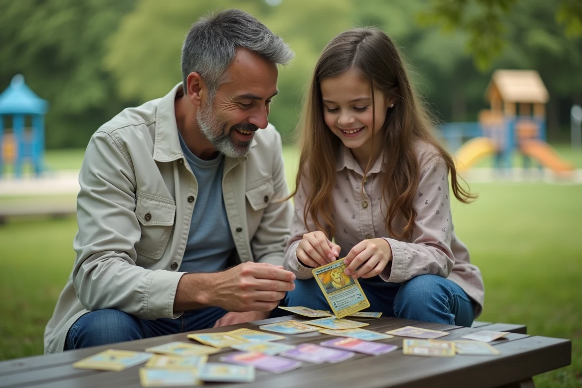Père et fille partageant un moment dehors avec un deck Pokémon