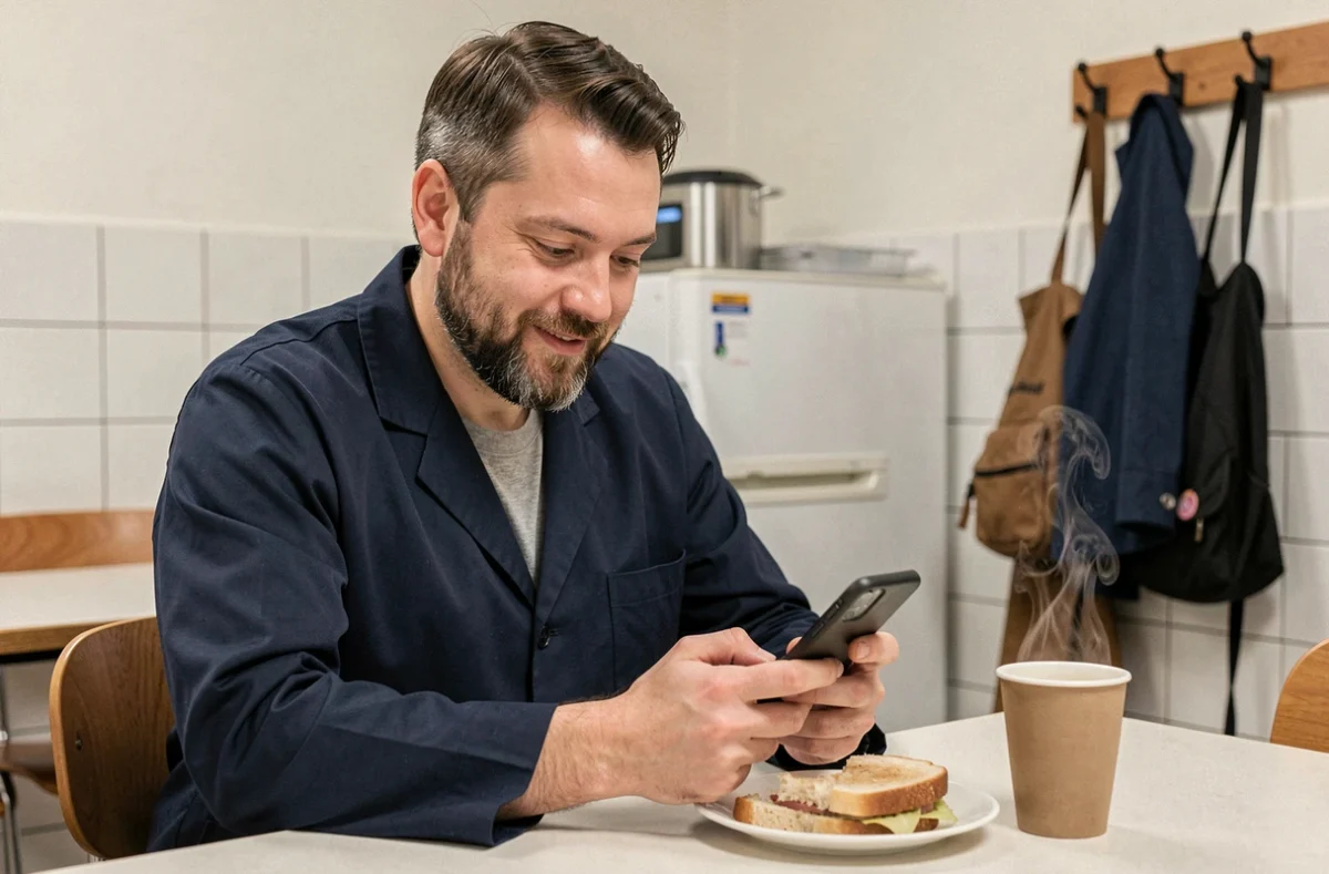 Pharmacien consultant un guide de jeu ARC Raiders sur son téléphone pendant sa pause déjeuner