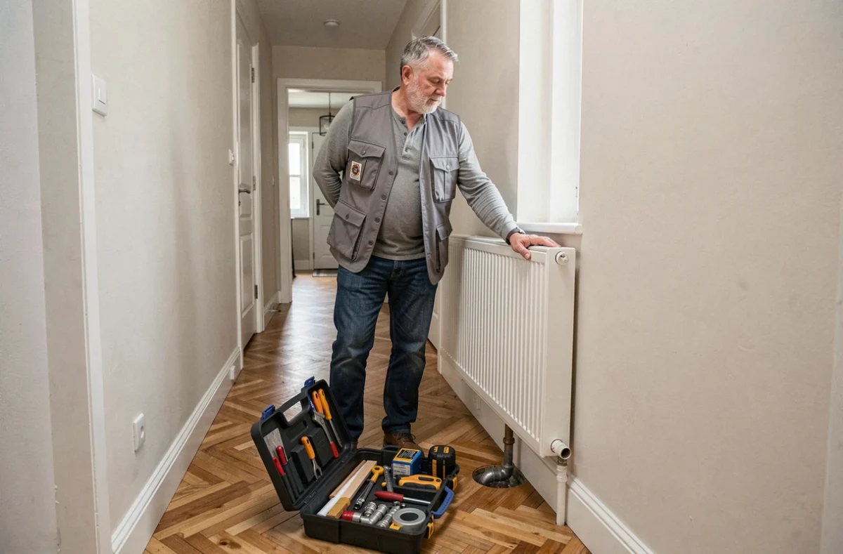 Artisan multi-services Alain diagnostiquant une fuite de radiateur dans un couloir résidentiel en Vendée
