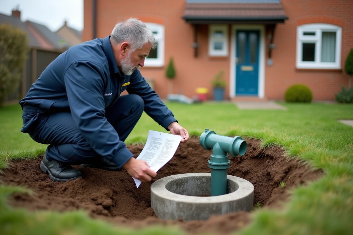 Plombier inspectant un regard de séparation entre eaux usées et eaux pluviales dans le jardin d'une maison locative