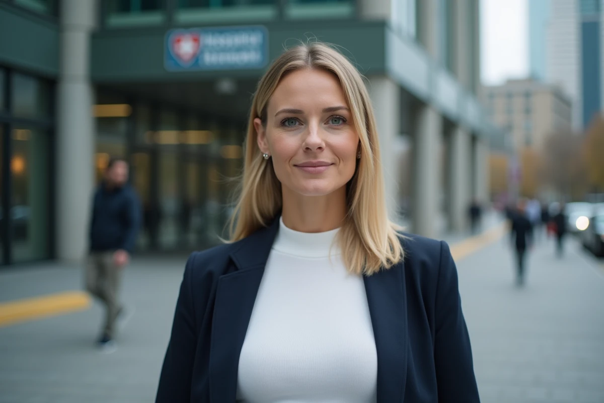 Portrait éditorial d'une femme médecin devant un hôpital urbain en blazer marine, référence au personnage du Dr Allison Cameron interprété par Jennifer Morrison