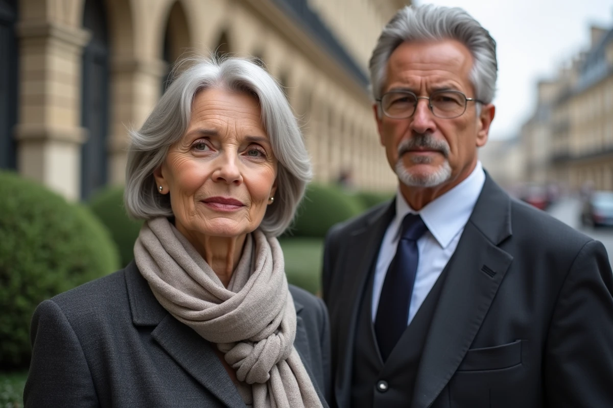 Femme française avec foulard et homme en costume devant façade parisienne
