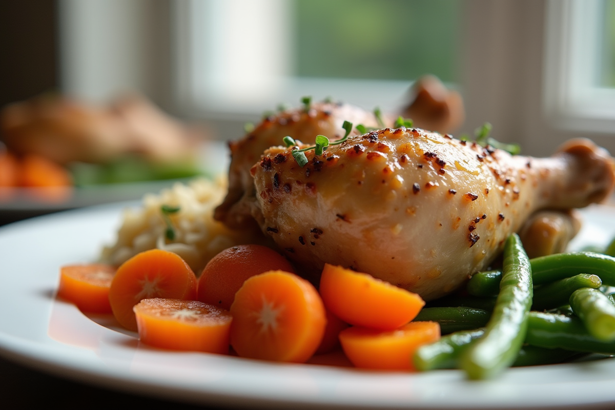 Assiette de poulet rôti avec haricots verts et carottes glacées