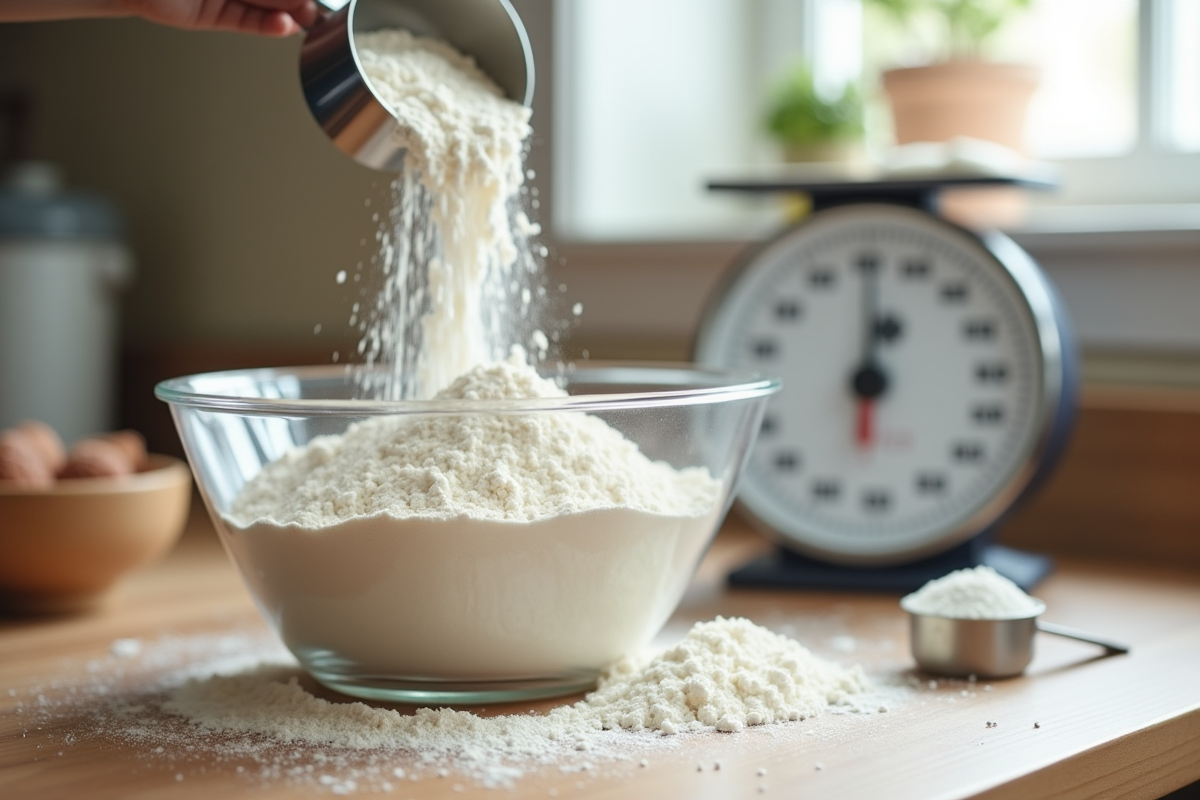 Farine being versee dans un bol avec balance en cuisine