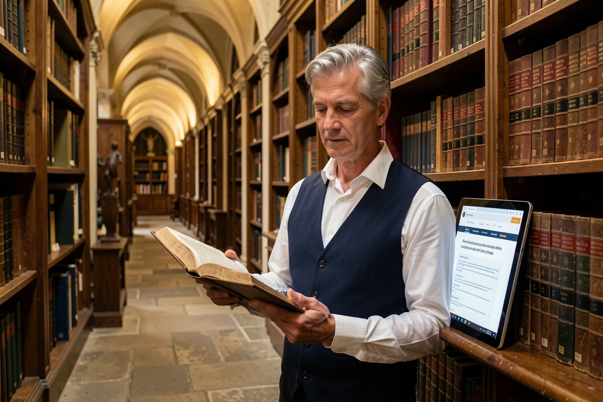 Professeur de droit consultant des archives juridiques historiques et un site de référence en droit dans une bibliothèque universitaire