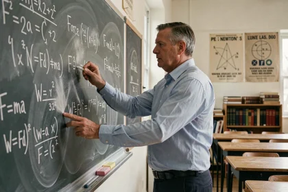 Professeur de physique écrivant des formules de force et d'énergie au tableau noir dans une salle de classe réaliste