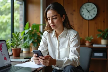 Professionnelle en Guyane vérifiant l'heure sur son smartphone pour organiser un rendez-vous professionnel à distance