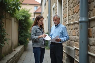 Propriétaire bailleur et locataire examinant les canalisations de séparation eaux usées eaux pluviales sur la façade d'un immeuble résidentiel