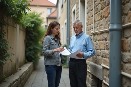 Propriétaire bailleur et locataire examinant les canalisations de séparation eaux usées eaux pluviales sur la façade d'un immeuble résidentiel