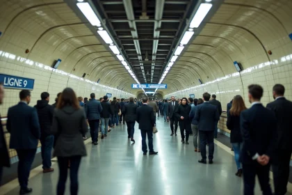 Quai bondé de la ligne 9 du métro parisien aux heures de pointe avec des voyageurs en attente du train
