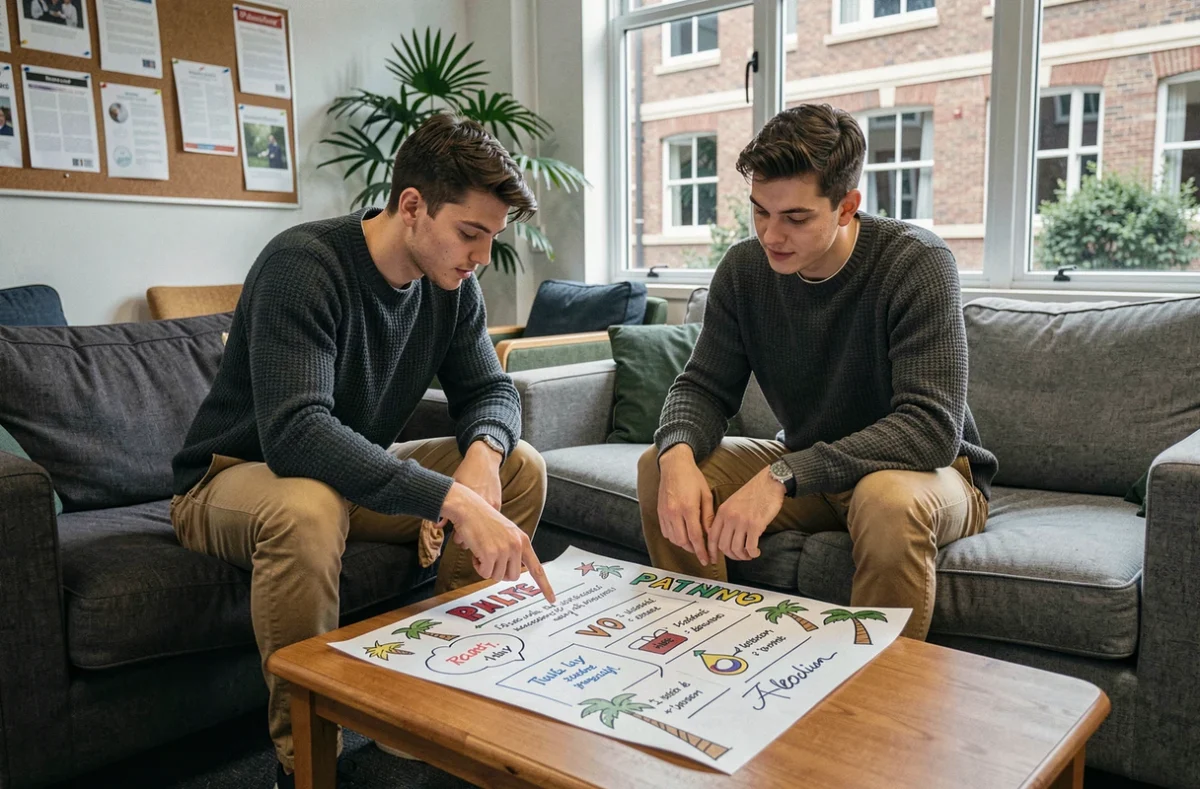 Deux étudiants consultant un poster illustrant la règle du Palmier pour organiser une soirée réussie