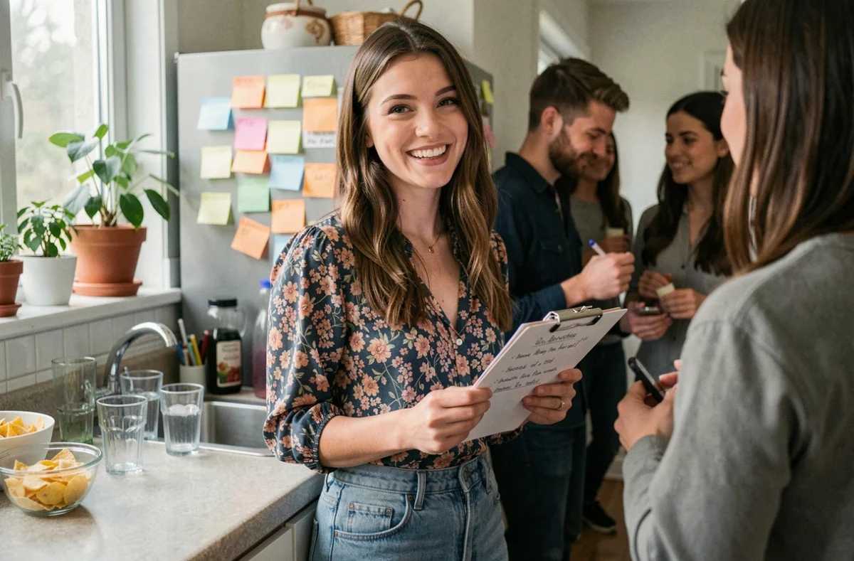 Étudiante expliquant les règles de soirée à ses amis dans une cuisine décorée de façon conviviale