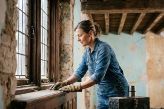 Menuisier réparant un vieux bâtiment en bois avec des matériaux durables
