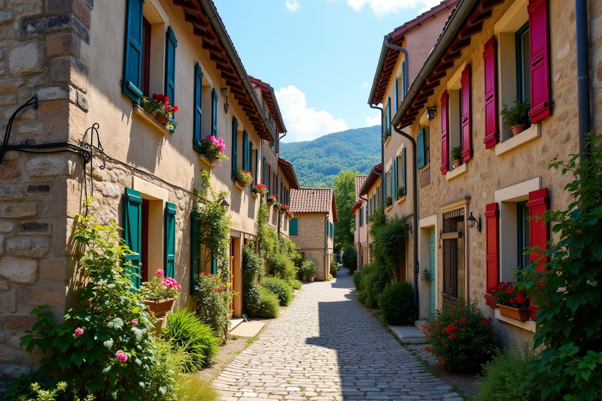 Rue étroite pavée avec maisons colorées à Grospierres