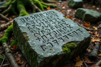 Pierre gravée de runes anciennes posée sur un sol forestier moussu, détail des inscriptions runiques taillées dans le granite