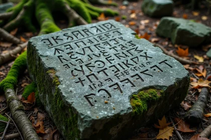 Pierre gravée de runes anciennes posée sur un sol forestier moussu, détail des inscriptions runiques taillées dans le granite
