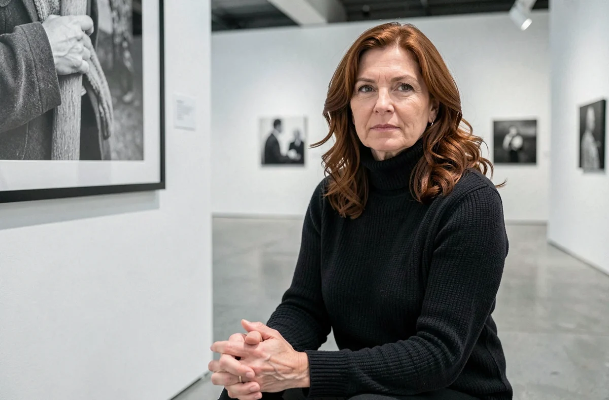 Femme pensive aux cheveux auburn assise dans une galerie d'art contemporaine face à l'objectif, illustrant les convictions artistiques et culturelles de Samantha de Bendern