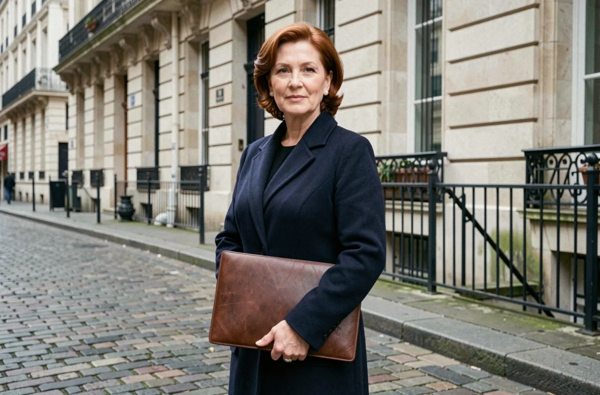 Femme élégante en manteau marine tenant un portfolio en cuir devant une façade haussmannienne parisienne, évoquant l'engagement public et la personnalité de Samantha de Bendern