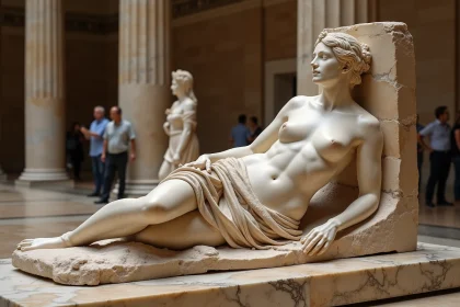 Sculpture en marbre antique de Gaïa, déesse grecque de la Terre, exposée dans un musée aux colonnes classiques
