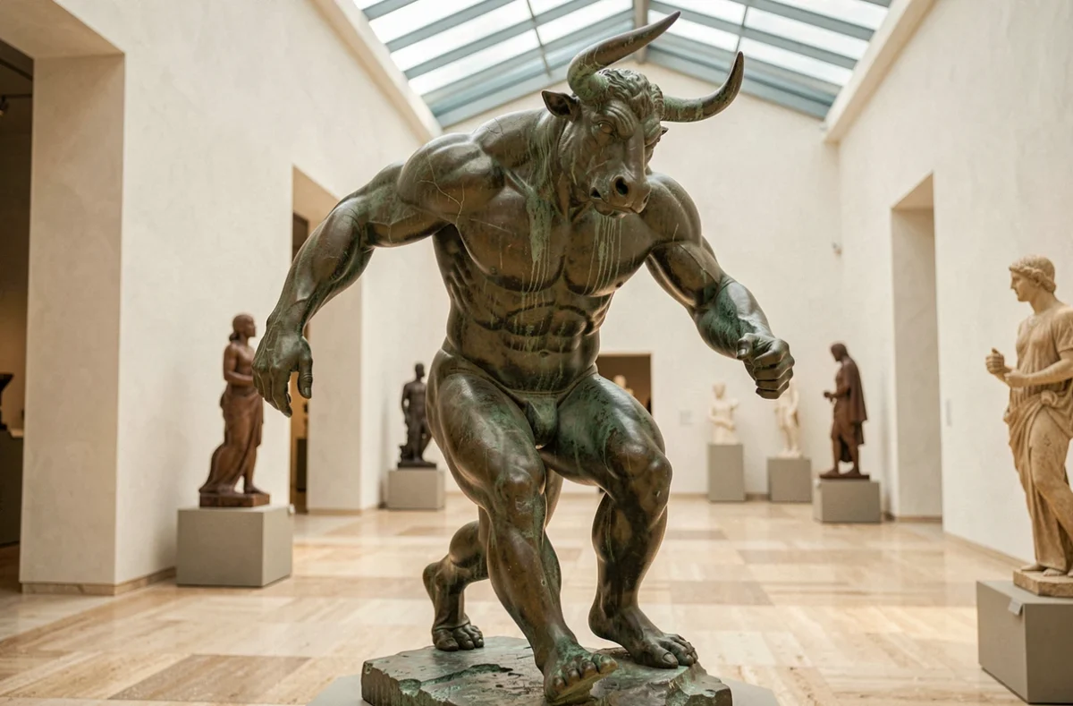 Sculpture de Minotaure en bronze patiné dans un musée d'antiquités, évoquant le mythe grec et la dualité entre monstre et héros
