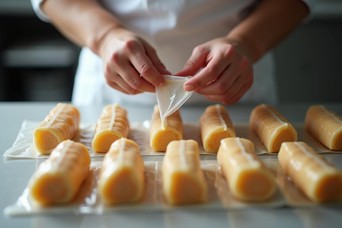 Mains emballant du foie gras dans des sacs de congélation