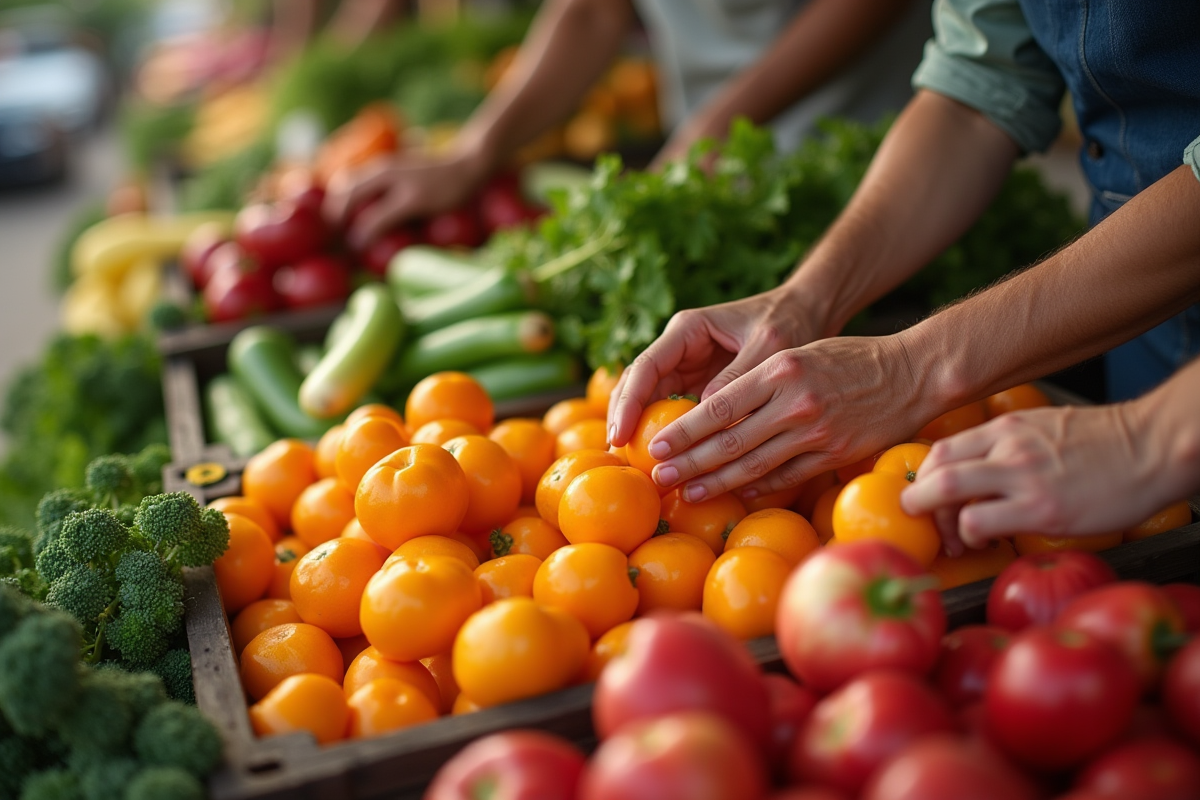 Mains choisissant des fruits et légumes au marché local