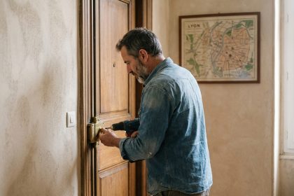 Serrure manuelle sur une porte d'entrée à Lyon