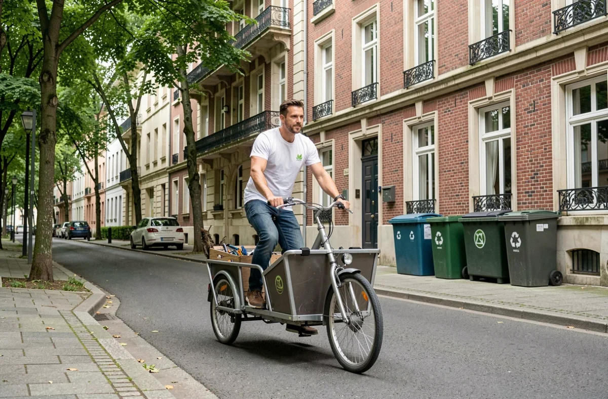 Serrurier écologique du Serrurier d'à Côté arrivant à vélo cargo dans une rue nantaise